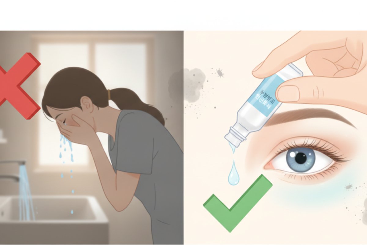 수돗물 대신 무방부제 인공눈물로 항원을 씻어내는 안전 세척법