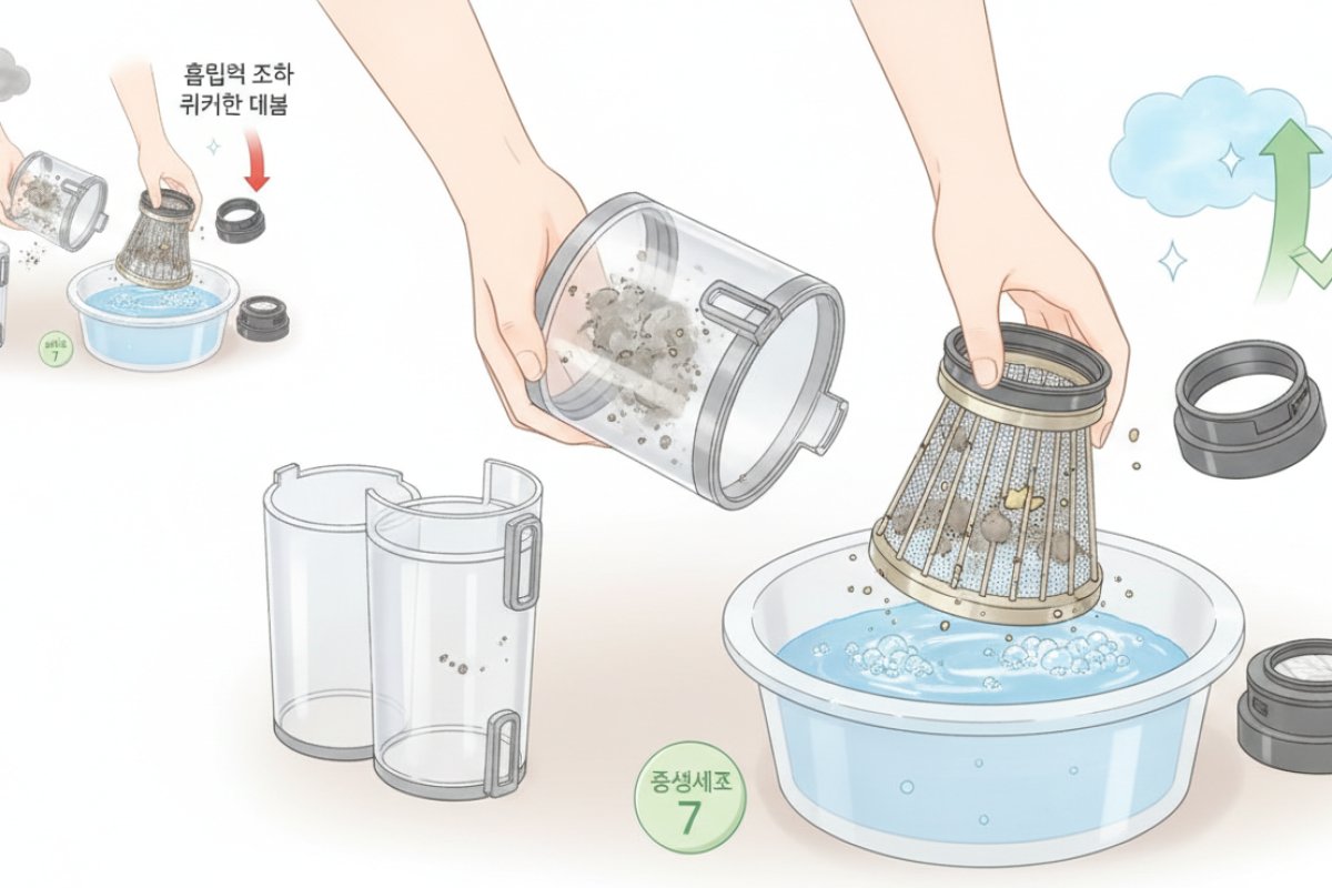 먼지통 내부 사이클론 분해와 중성세제를 활용한 침지 세척 수칙