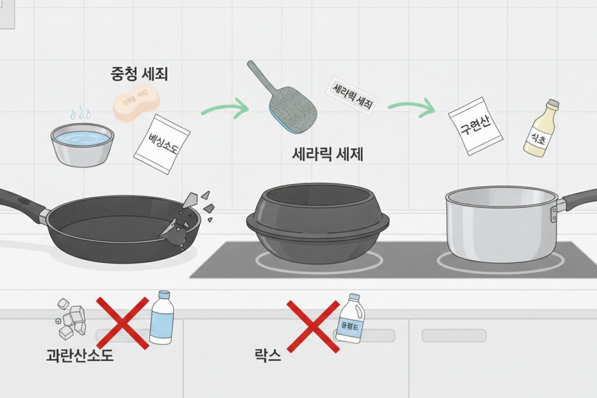 코팅팬·뚝배기·알루미늄 냄비의 재질별 세척 분기점