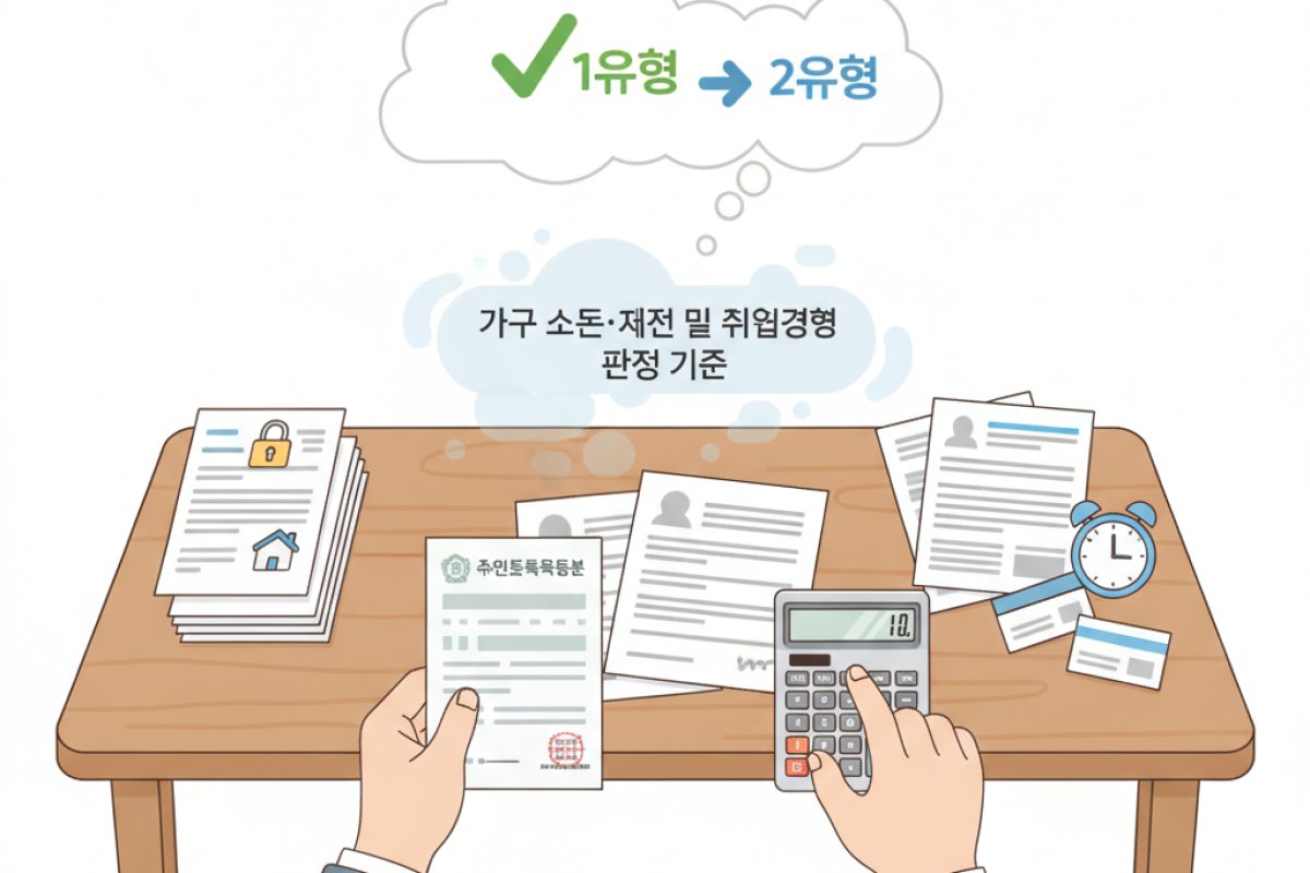 1유형과 2유형의 진입 자격: 가구 소득·재산 및 취업경험 판정 기준
